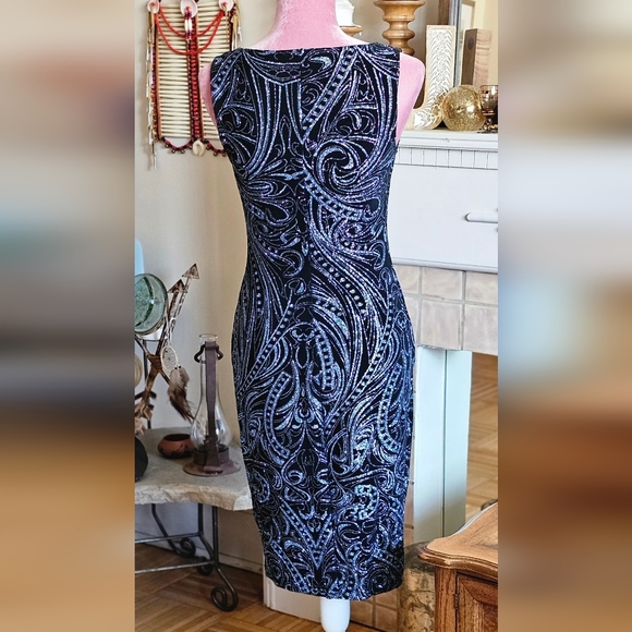 Marina bodycon dress, black with pale blue metallic design, size 4. - Picture 5 of 9